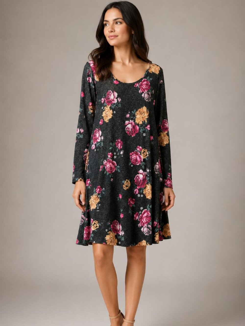 No Boundaries XXXL Gray Floral Long Sleeve Swing Dress